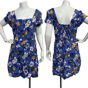 Xhilaration Women Small Blue Floral Milkmaid Button Front Dress Spring Summer